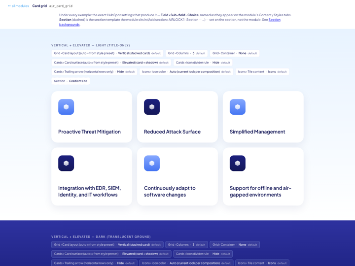 Card grid preview page