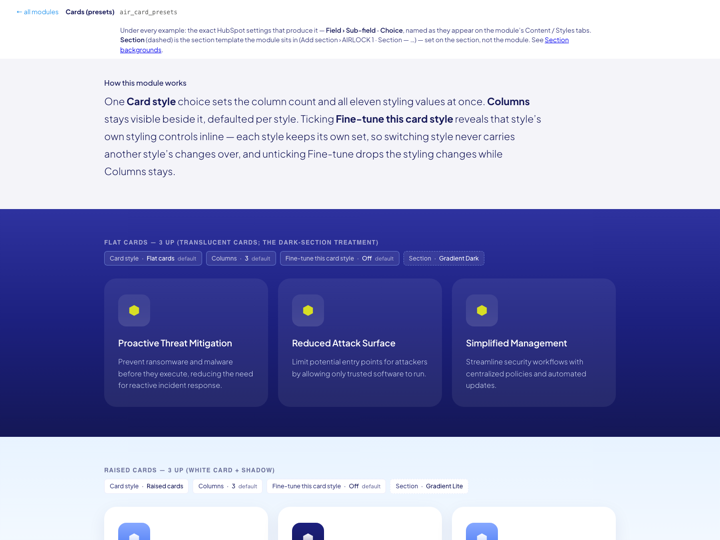 Cards (presets) preview page
